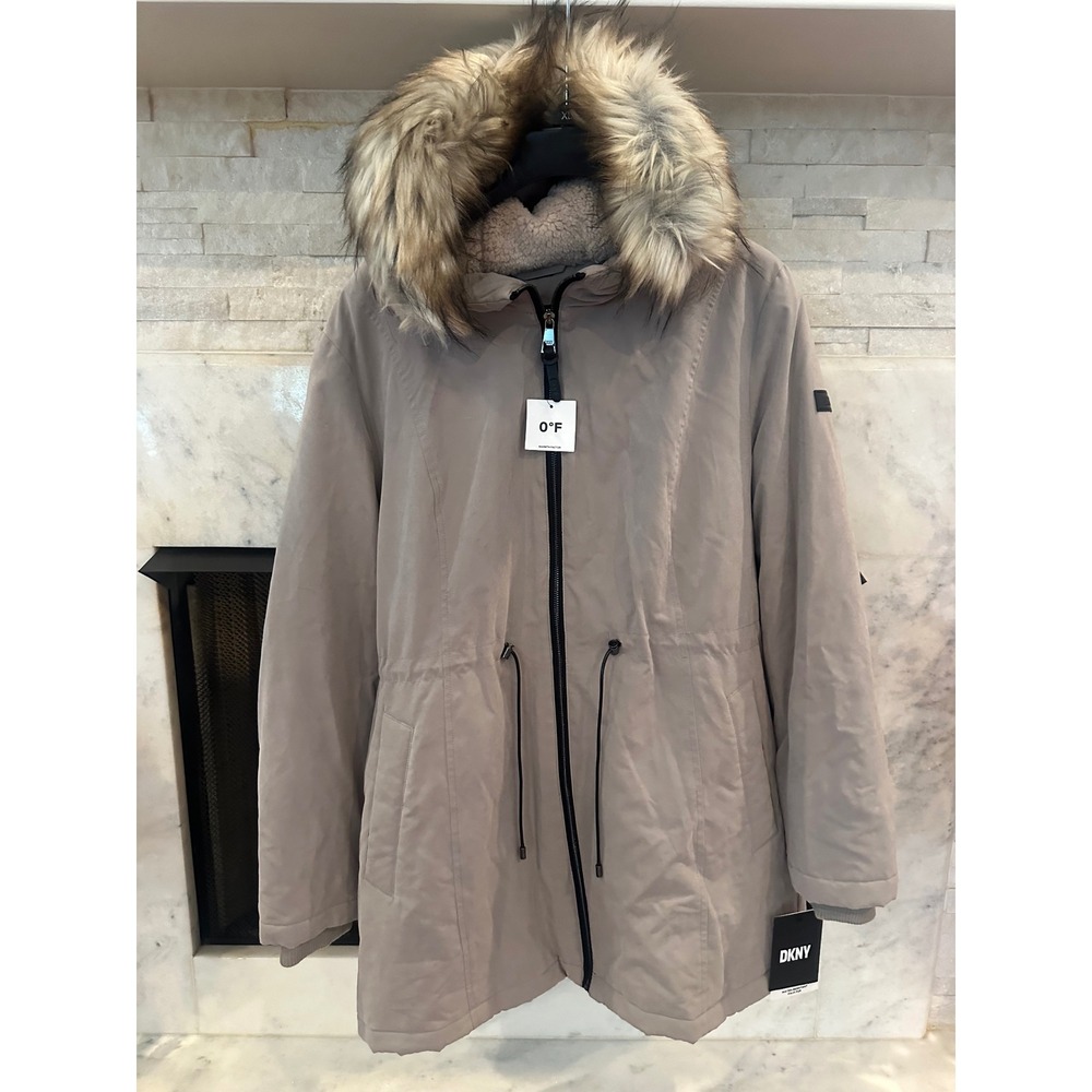 DKNY Womens NWT NO Faux Fur Hood Parka Taupe Water Resistant Winter Coat